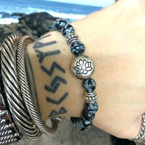 Obsidian gemstones & lotus flower charm bracelet